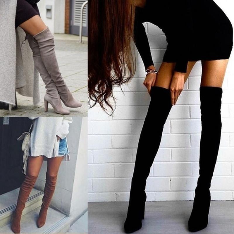 Elastic Zipper Pointed Toe Chunky Suede Over The Knee Boots