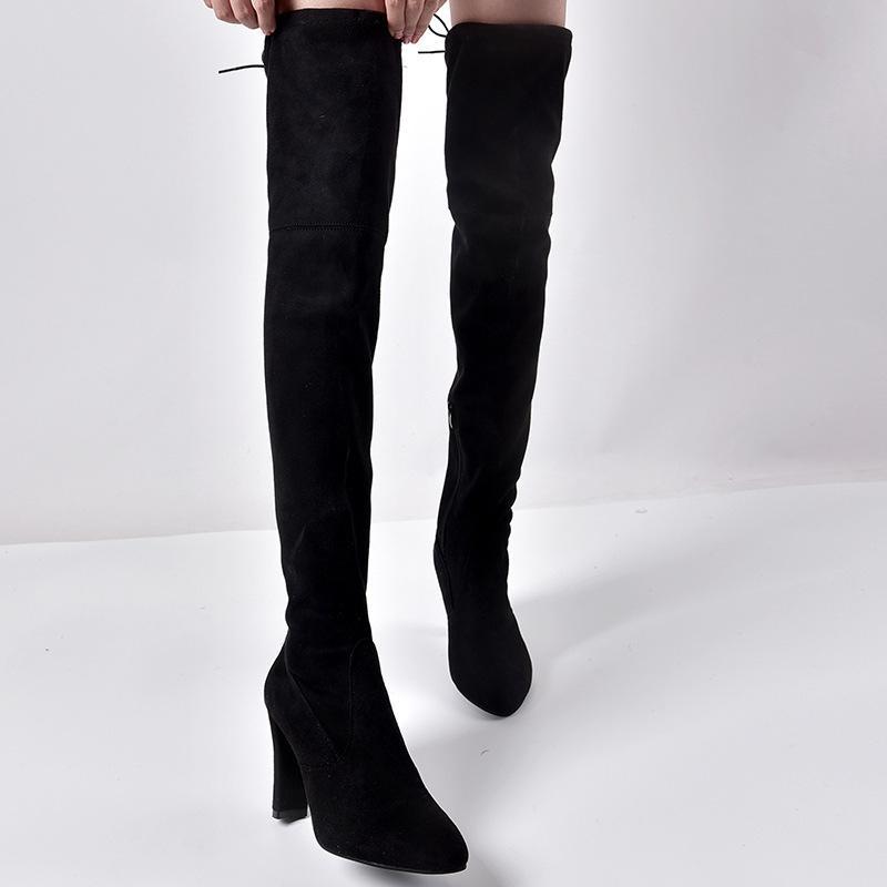 Elastic Zipper Pointed Toe Chunky Suede Over The Knee Boots