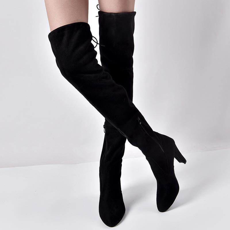 Elastic Zipper Pointed Toe Chunky Suede Over The Knee Boots