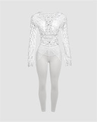 Lace Mesh Irregular Lace-Up Coord Set