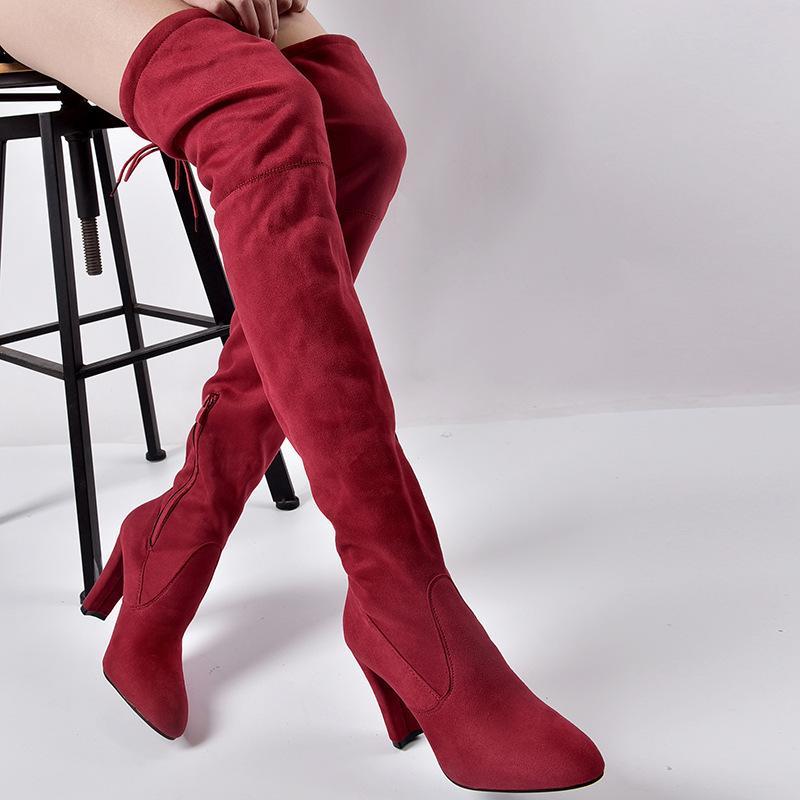 Elastic Zipper Pointed Toe Chunky Suede Over The Knee Boots