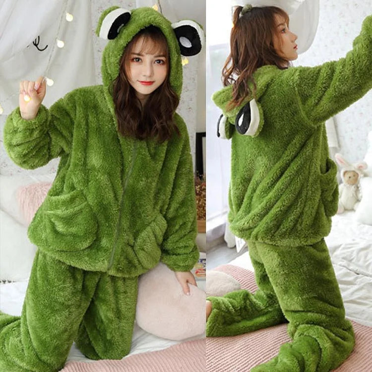 Cute Little Frog Coral Fleece Hooded Pajamas for Girls