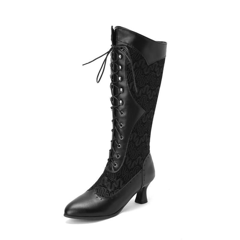 Women's Vintage Lace Splicing Lace Up Pointed Toe Cup Heel Boots