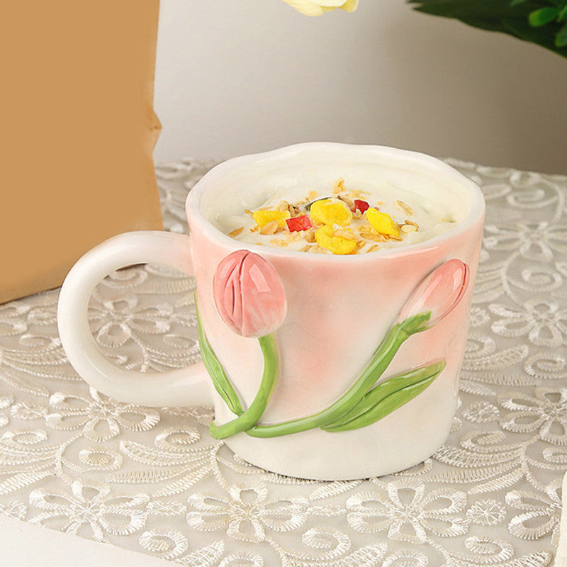 Elegant Handmade 3D Embossed Hand Painted Floral Mugs Gift