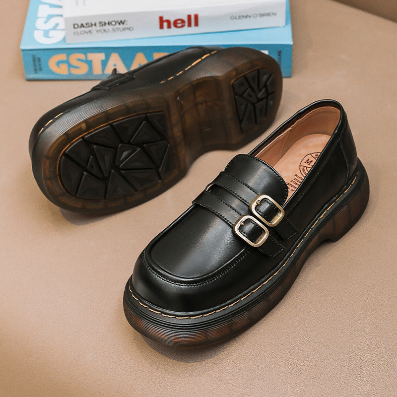 Retro Round Head Metal Buckle Leather Flat JK Loafers