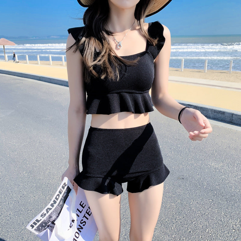 Swimwear Ruffles Solid Backless Korean Style Students High Waist Swimsuit