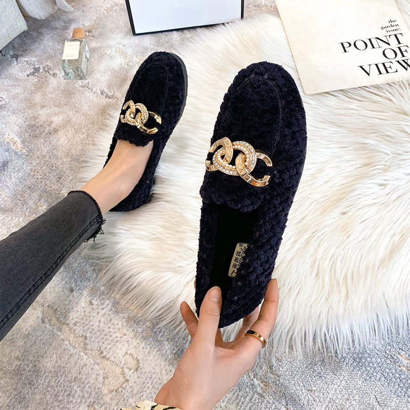 Metal Chain Winter Warm & Comfortable Plush Fur Loafers Shoes