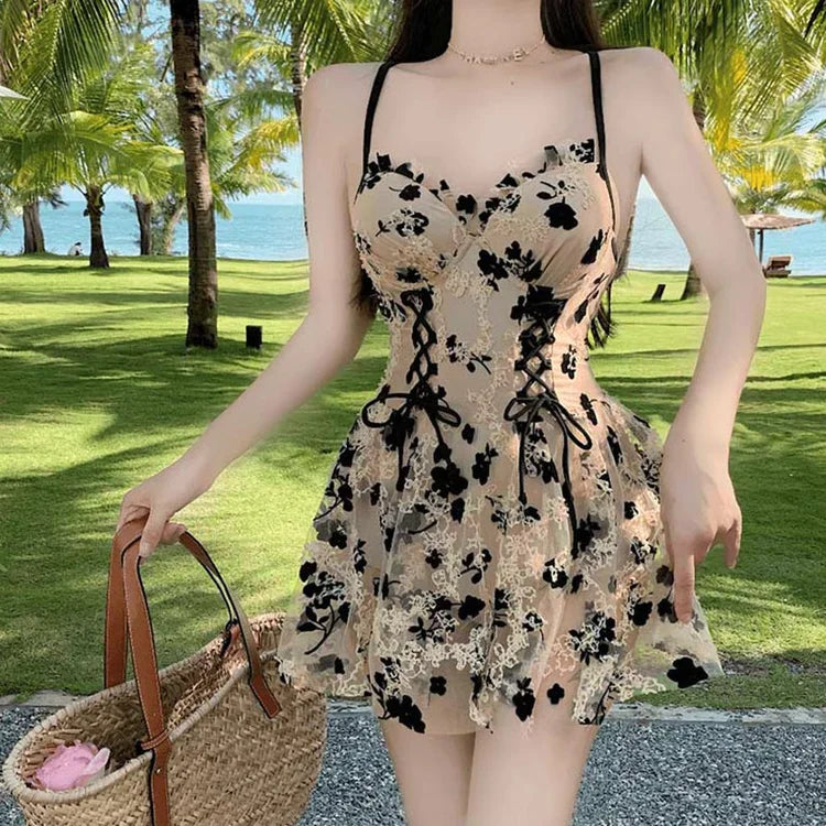 Floral Print Lace Up Swimdress Swimsuit