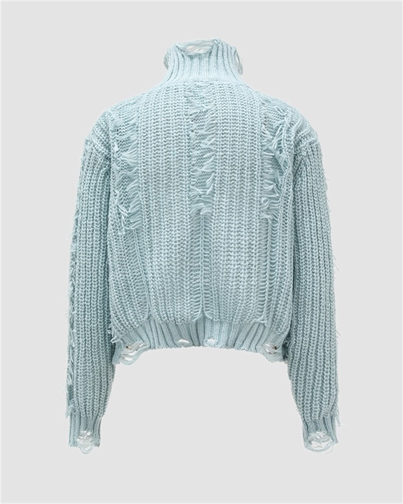 Tassel Pierced High Neck Pullover Sweater