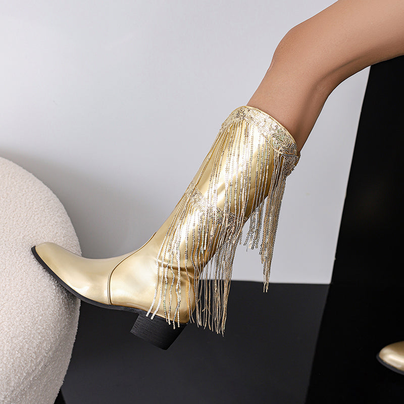 Fringe & Sequins Decor Point Toe Chunky Heeled Western Boots