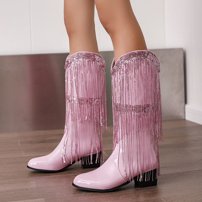 Fringe & Sequins Decor Point Toe Chunky Heeled Western Boots