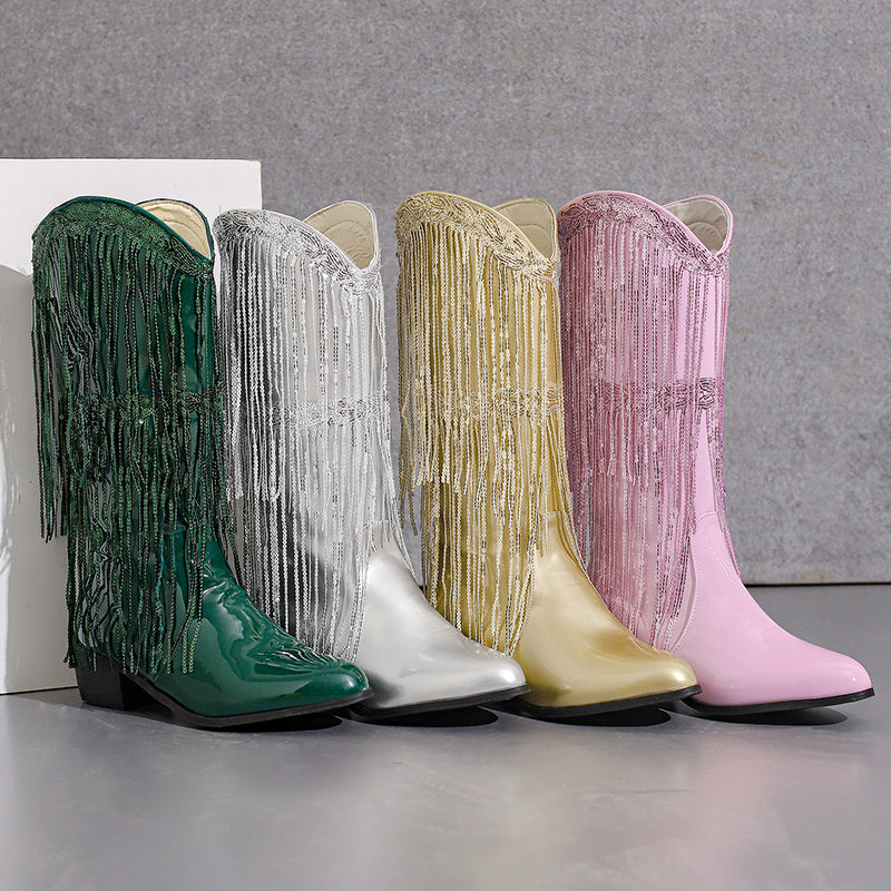 Fringe & Sequins Decor Point Toe Chunky Heeled Western Boots