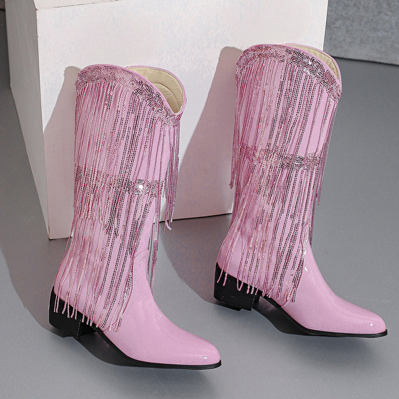 Fringe & Sequins Decor Point Toe Chunky Heeled Western Boots