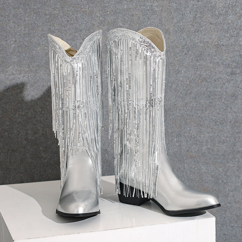 Fringe & Sequins Decor Point Toe Chunky Heeled Western Boots