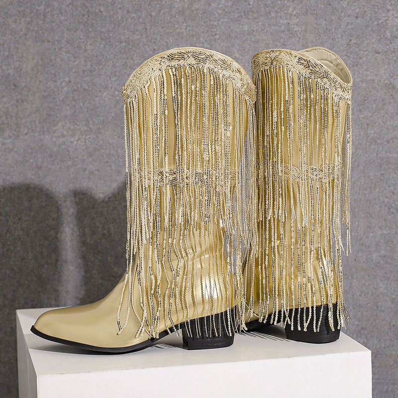 Fringe & Sequins Decor Point Toe Chunky Heeled Western Boots