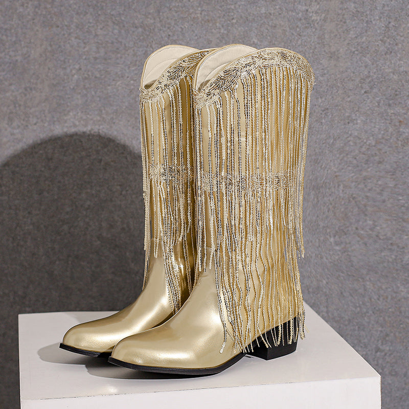 Fringe & Sequins Decor Point Toe Chunky Heeled Western Boots