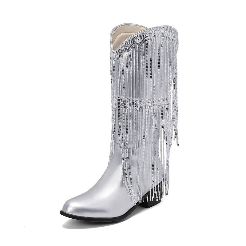 Fringe & Sequins Decor Point Toe Chunky Heeled Western Boots