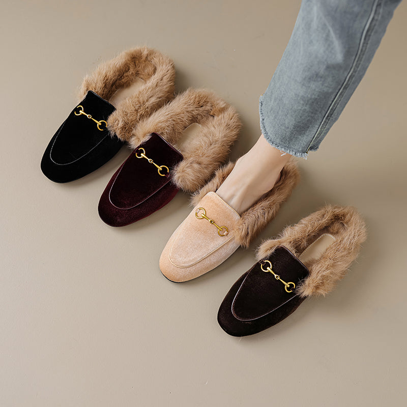 Handmade Velvet Fur Lined Loafer Mule