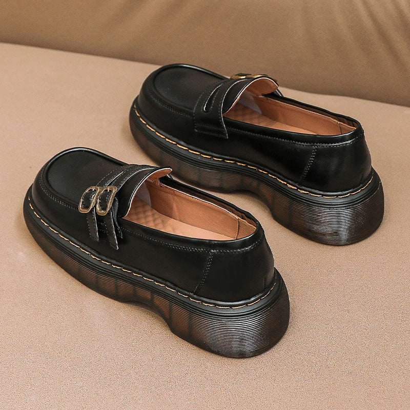 Retro Round Head Metal Buckle Leather Flat JK Loafers