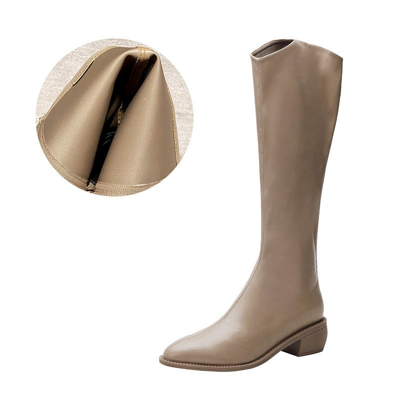 Knee High Boots Pointed Toe Solid Color Back Zipper Comfortable Boots