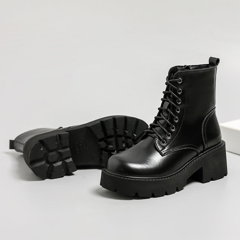 Combat Boots Platform Leather Chunky Heel Zipper Boots