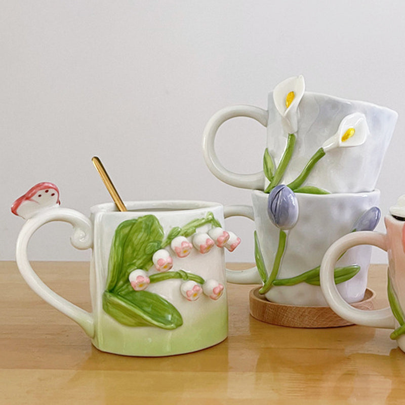 Elegant Handmade 3D Embossed Hand Painted Floral Mugs Gift