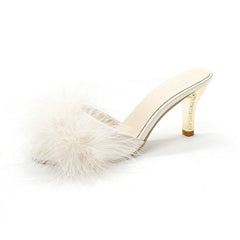 Women's Feather High Heels Peep Toe Fur Slippers Pumps Slides