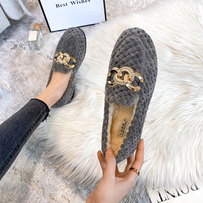 Metal Chain Winter Warm & Comfortable Plush Fur Loafers Shoes
