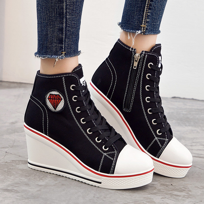 Wedge Chunky Heel Casual Zipper Lace-up Canvas Shoes