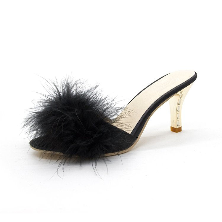 Women's Feather High Heels Peep Toe Fur Slippers Pumps Slides