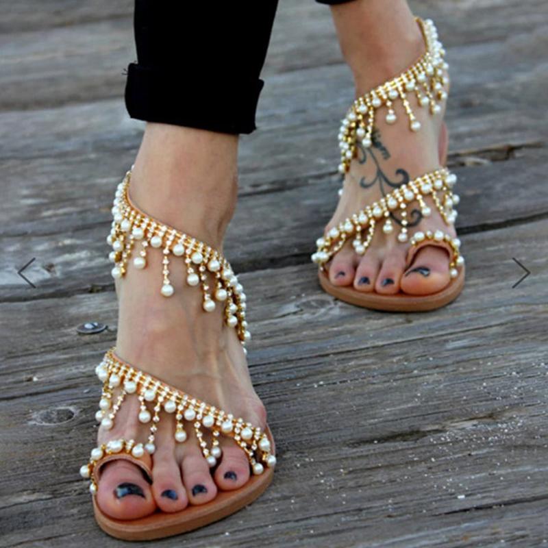 Women's Summer Pearl Tassel Flat Sandals