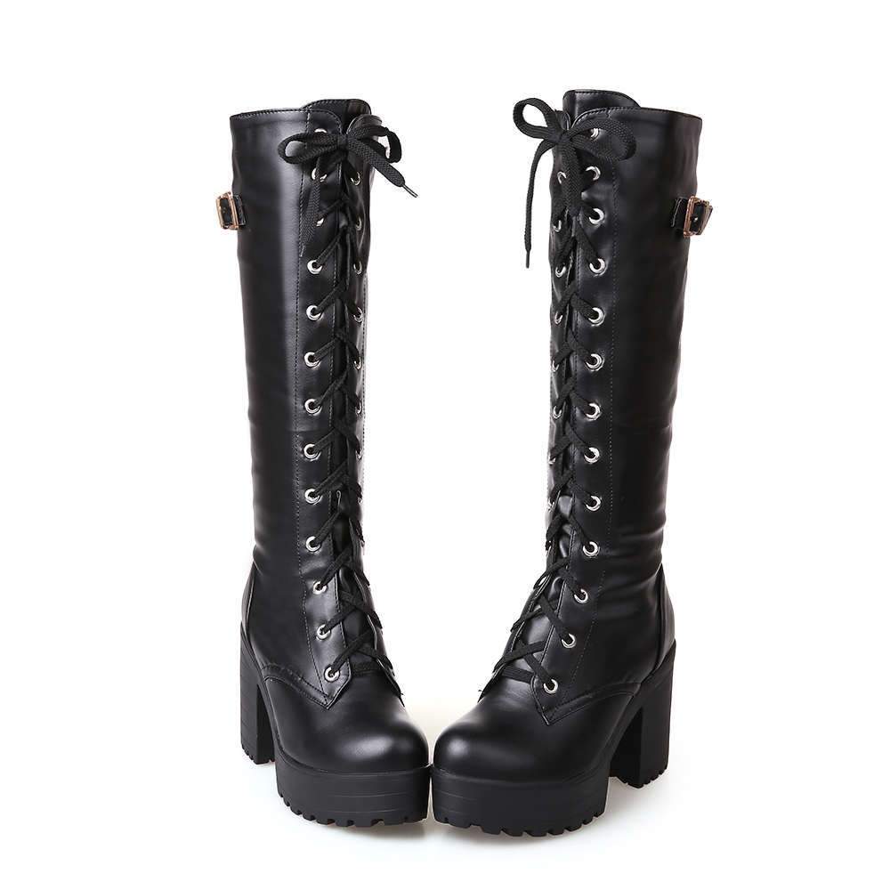 Platform Chunky Heel Lace Up Long Boots