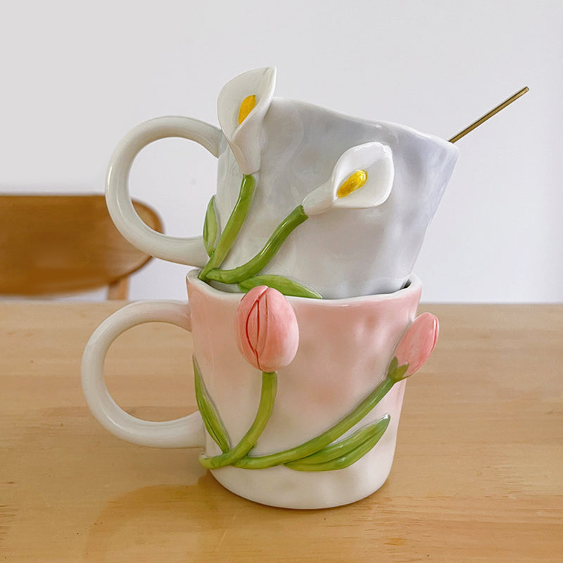 Elegant Handmade 3D Embossed Hand Painted Floral Mugs Gift