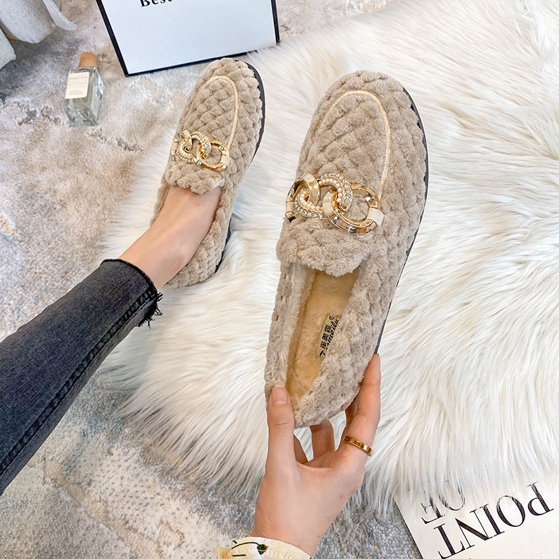 Metal Chain Winter Warm & Comfortable Plush Fur Loafers Shoes
