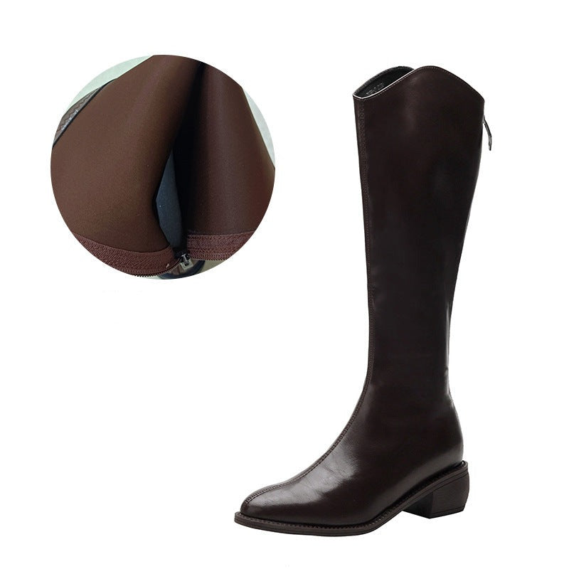 Knee High Boots Pointed Toe Solid Color Back Zipper Comfortable Boots