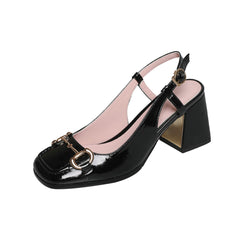 Slingback Square Toe Block Heel Leather Sandals for Women