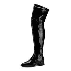 Thigh High Boots No Heel Patent Leather Elastic Boots Plus Size