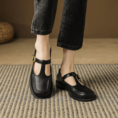 Women's Classic T-Strap Mary Jane Flats Leather Uniform Dress Shoes