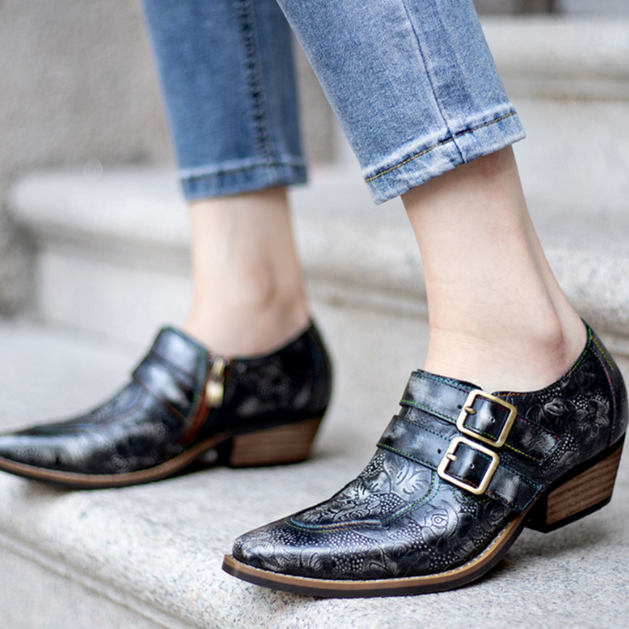 Floral Embossed Leather Zipper Belt Buckle Oxford Shoes
