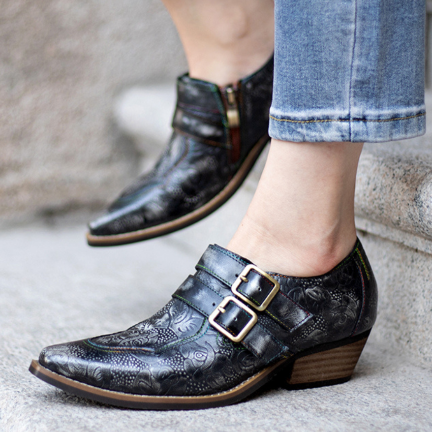 Floral Embossed Leather Zipper Belt Buckle Oxford Shoes