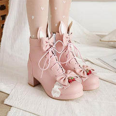 Bow Knot Sweet Strawberry Lace Up Boots