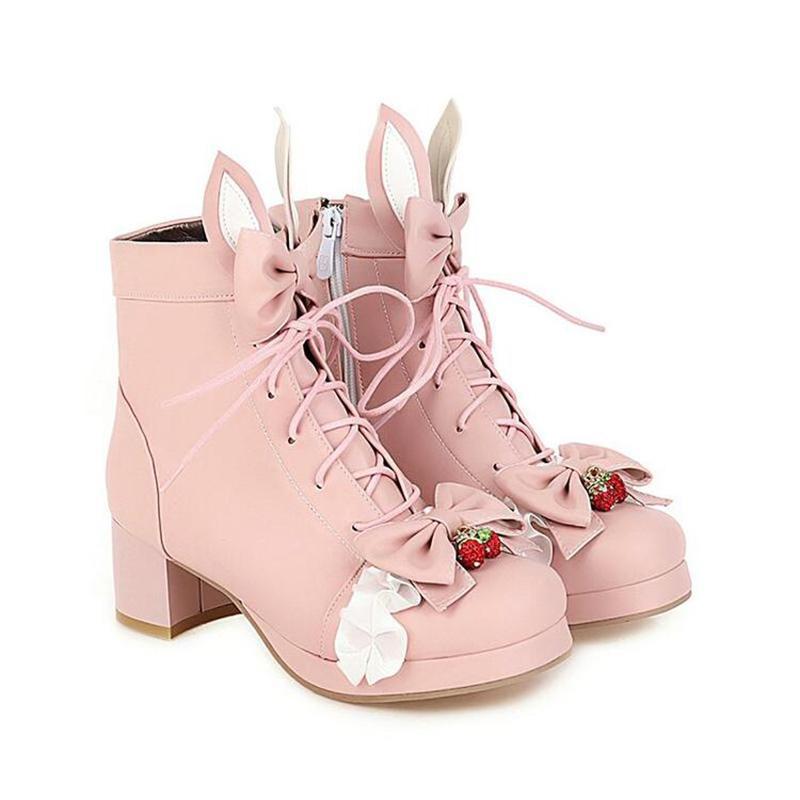 Bow Knot Sweet Strawberry Lace Up Boots