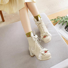 Bow Knot Sweet Strawberry Lace Up Boots