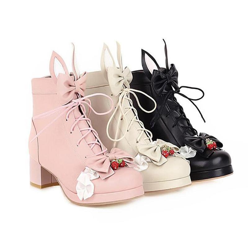 Bow Knot Sweet Strawberry Lace Up Boots