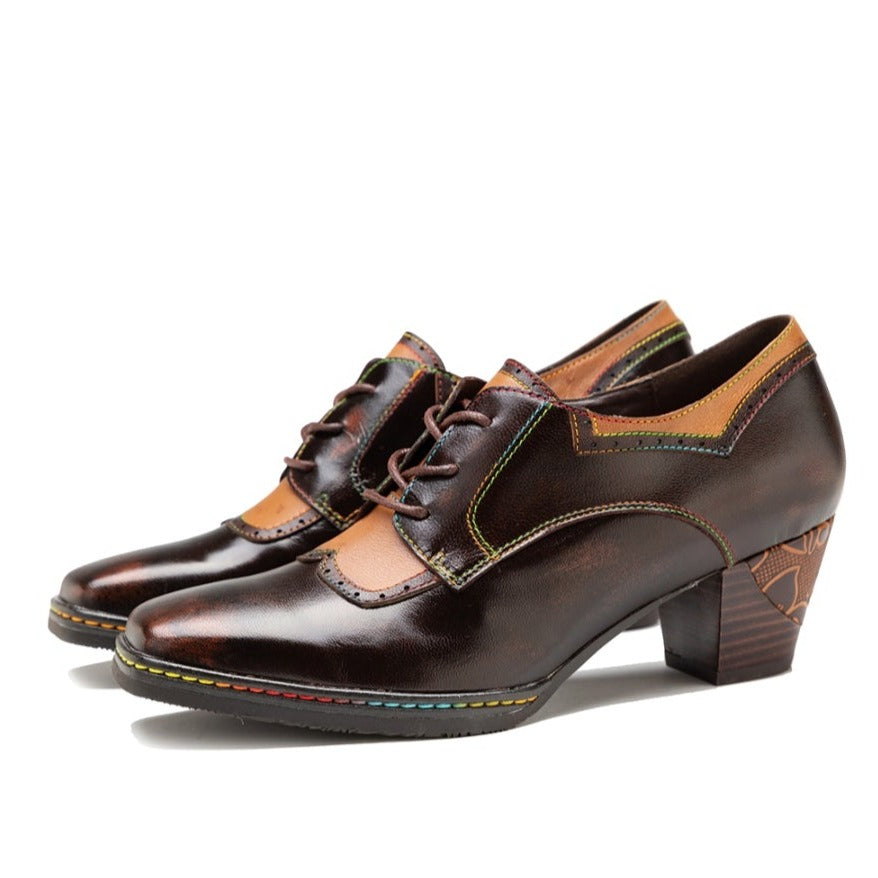 Leather Embossed Low Heel Oxford Shoes