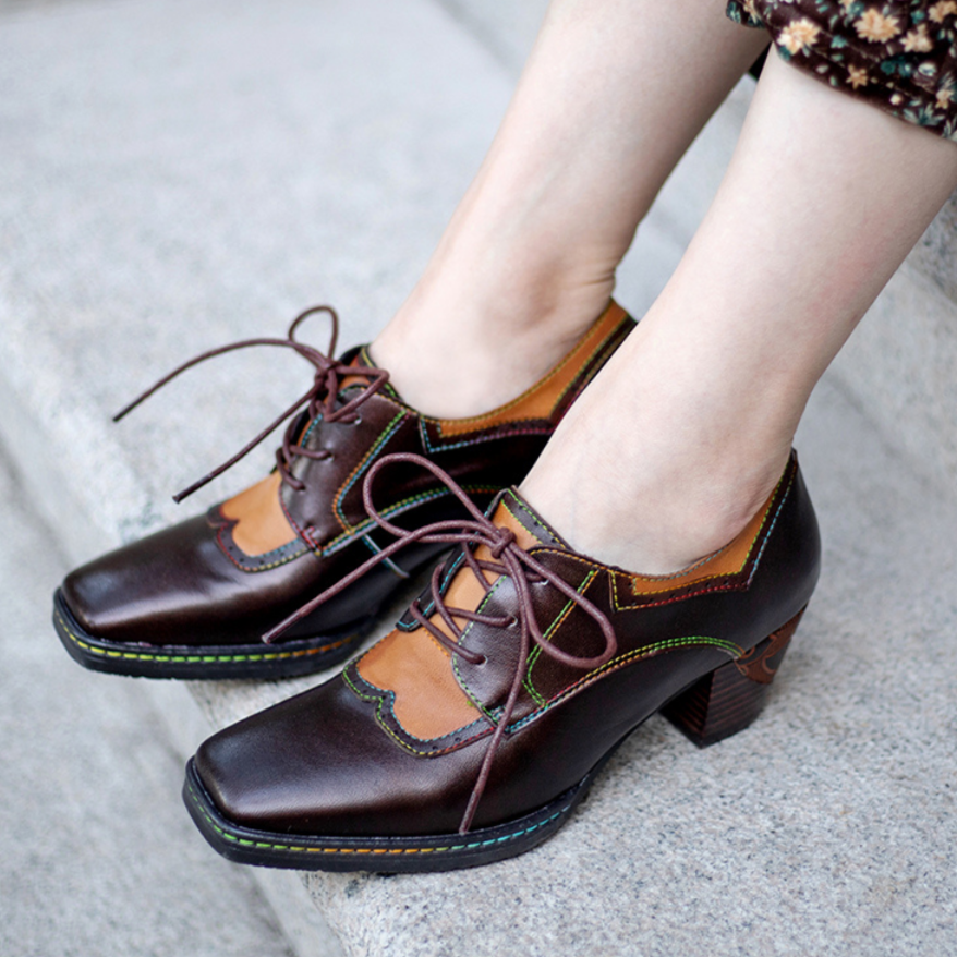 Leather Embossed Low Heel Oxford Shoes