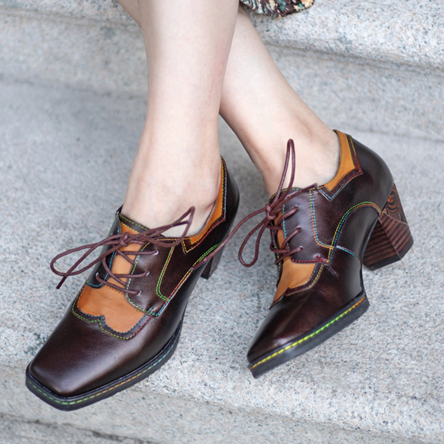 Leather Embossed Low Heel Oxford Shoes