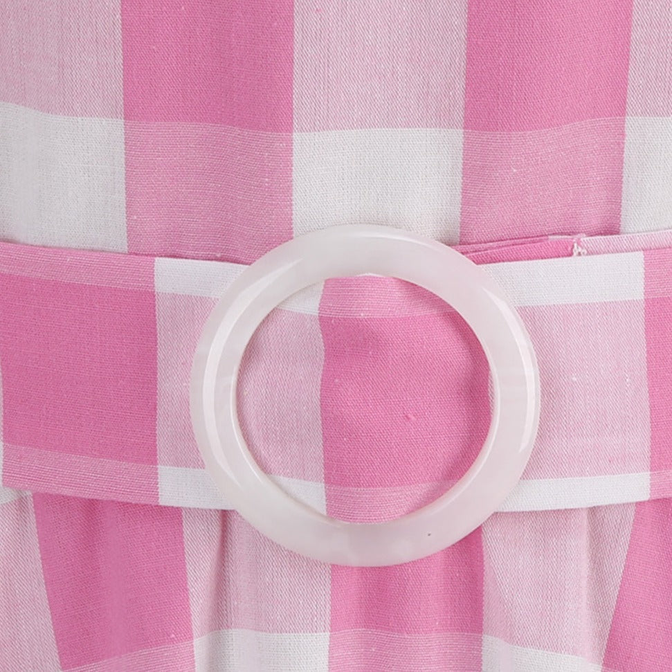 Vestido de fiesta rosa con cuello halter a cuadros, sin mangas, de los años 50, con cinturón