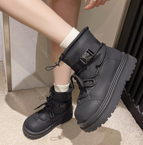 Leather Big Round Head Platform Casual Lace-up Boots