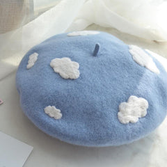 Handmade White Cloud Beret Hat Soft Wool Cap Winter Warm Beret Cap